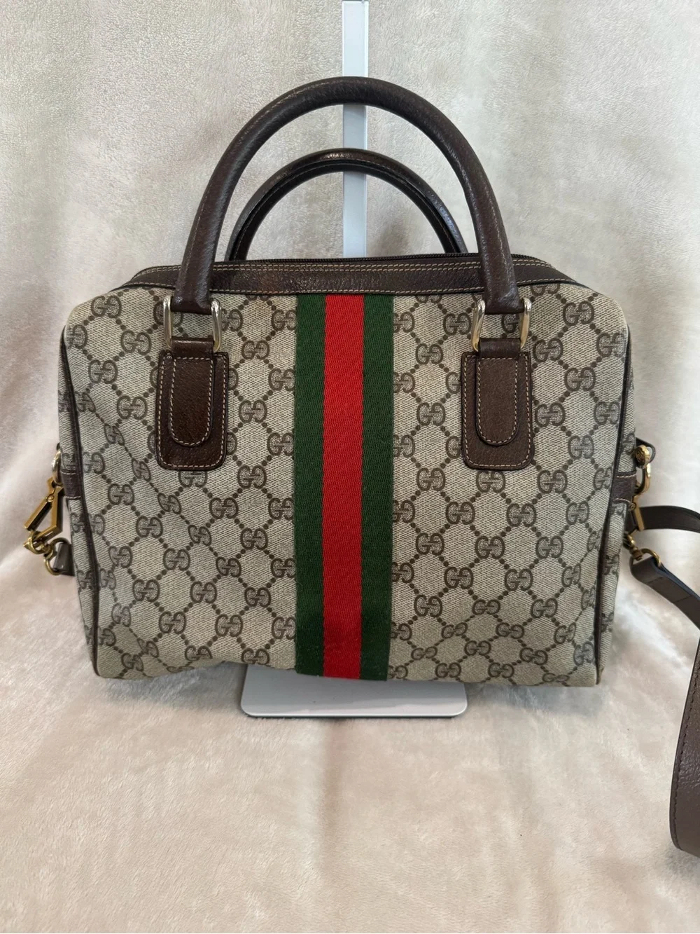 Vintage Gucci Boston Bag with Green & Red Web Stripe